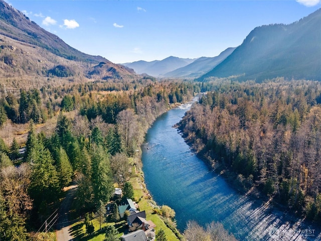 drone / aerial view with a forest view and a water and mountain view