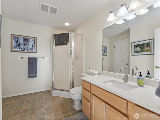 full bathroom featuring a stall shower, visible vents, vanity, and toilet