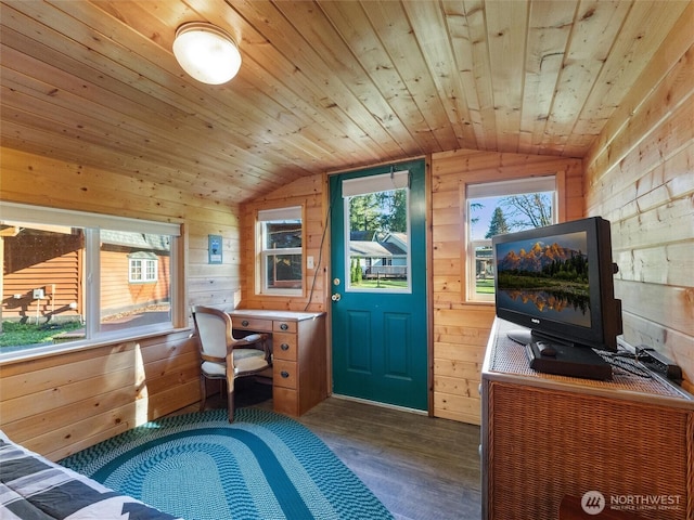 office with wood ceiling, wooden walls, and vaulted ceiling