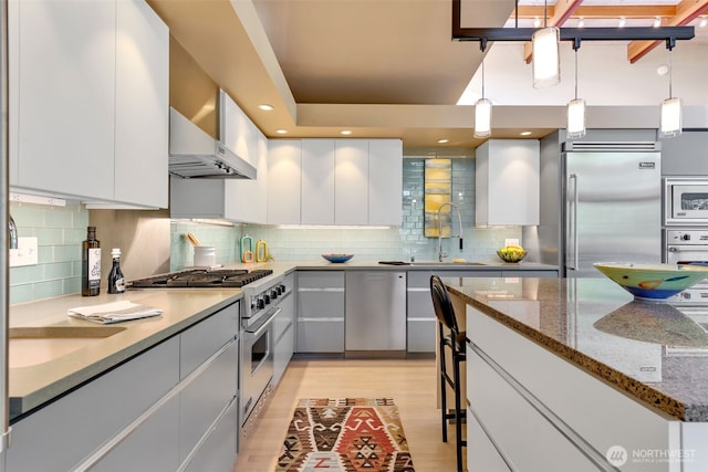 kitchen featuring built in appliances, under cabinet range hood, a sink, light wood finished floors, and pendant lighting