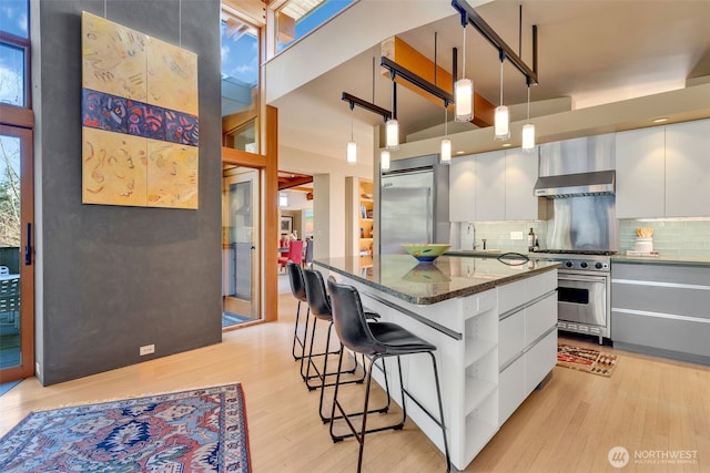 kitchen featuring white cabinets, modern cabinets, high quality appliances, and open shelves