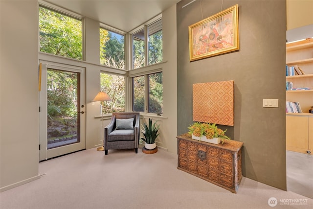 living area featuring carpet and a towering ceiling