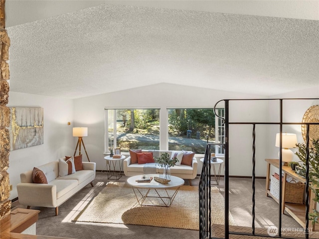 carpeted living area featuring lofted ceiling and a textured ceiling