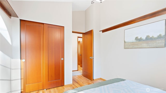 bedroom with a closet, light wood-style flooring, and a high ceiling