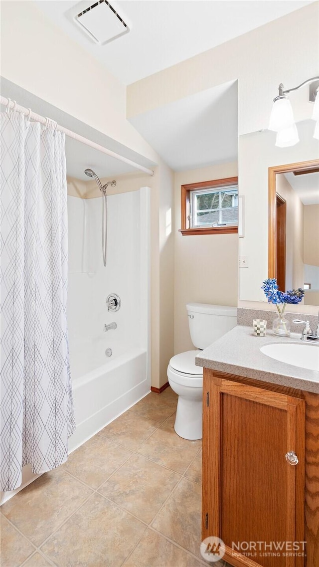 full bath featuring vanity, visible vents, tile patterned flooring, toilet, and shower / tub combo with curtain