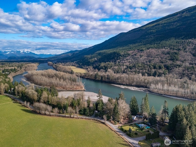 birds eye view of property featuring a water and mountain view and a wooded view