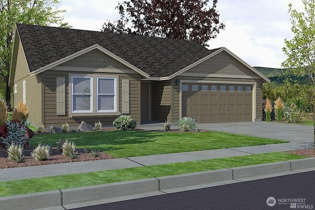 view of front of home featuring driveway, an attached garage, roof with shingles, and a front yard