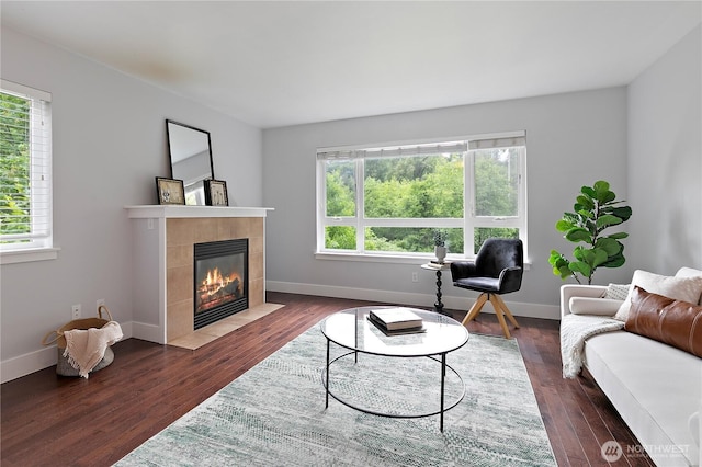 5939 Delridge Way SW, Seattle, WA 98106 - living room featuring healthy amount of natural light, a fireplace, dark wood-style floors, and baseboards