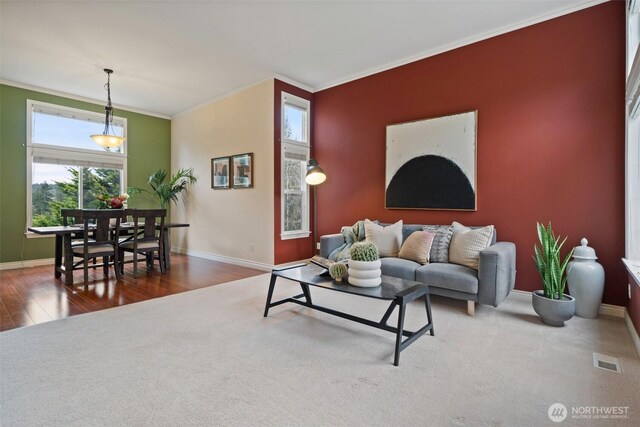 carpeted living area with visible vents, ornamental molding, an accent wall, wood finished floors, and baseboards