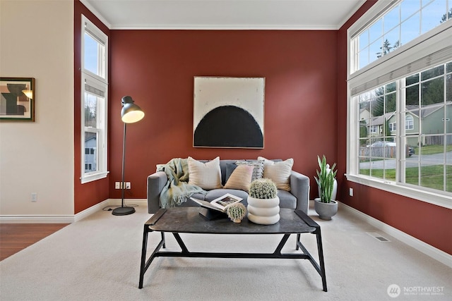 carpeted living area with an accent wall, ornamental molding, visible vents, and baseboards