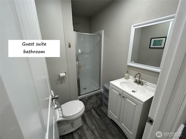 bathroom featuring toilet, wood finished floors, a shower stall, and vanity