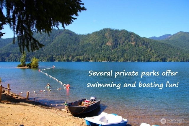 water view featuring a forest view and a mountain view