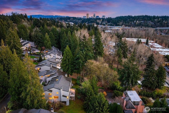 drone / aerial view featuring a wooded view