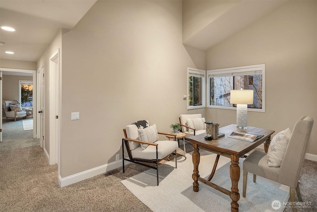 home office featuring carpet flooring, a healthy amount of sunlight, and baseboards