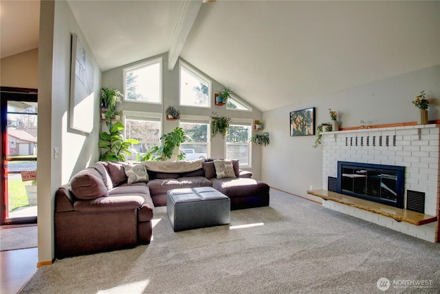 living area featuring beamed ceiling, a fireplace, carpet floors, and high vaulted ceiling