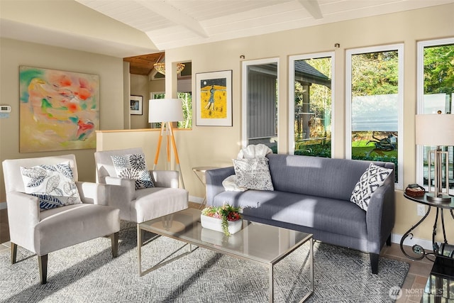 interior space with tile patterned flooring, wood ceiling, vaulted ceiling with beams, and baseboards