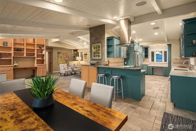 dining area featuring lofted ceiling with beams, wooden ceiling, and recessed lighting