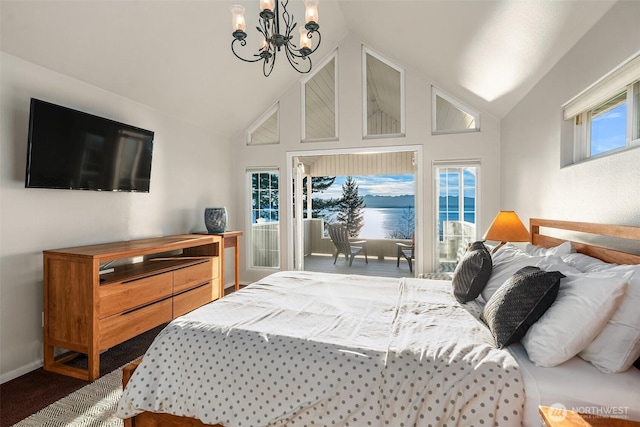 bedroom with high vaulted ceiling, access to outside, a chandelier, and baseboards