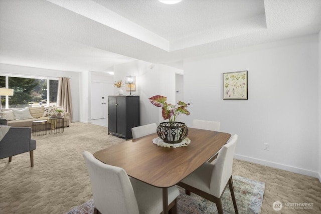 dining space with a raised ceiling, a textured ceiling, and baseboards