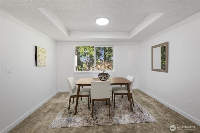 dining room featuring a textured ceiling, a raised ceiling, and baseboards