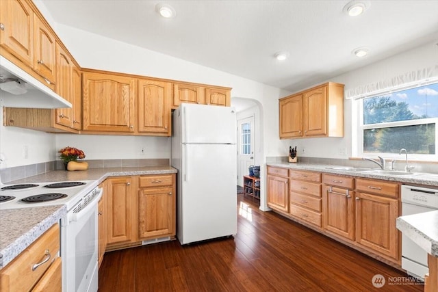 kitchen featuring arched walkways, white appliances, dark wood-type flooring, a sink, and light countertops