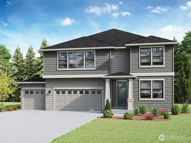 view of front of property featuring a garage, concrete driveway, a front lawn, and roof with shingles