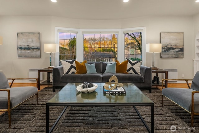 living room featuring wood finished floors, radiator, and recessed lighting