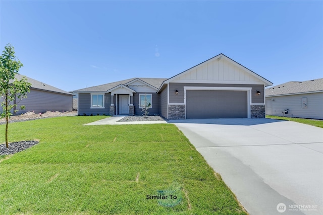 view of front of house with an attached garage, concrete driveway, stone siding, board and batten siding, and a front yard