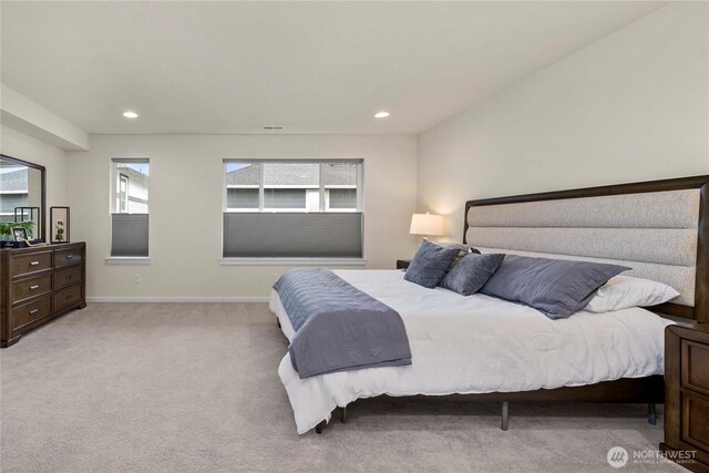 carpeted bedroom with visible vents, recessed lighting, and baseboards