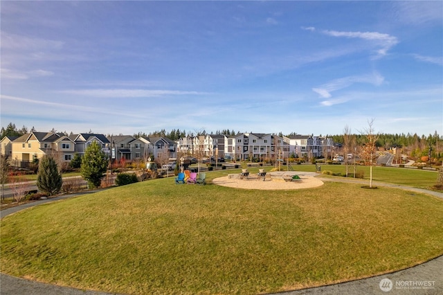 view of property's community with a residential view and a lawn