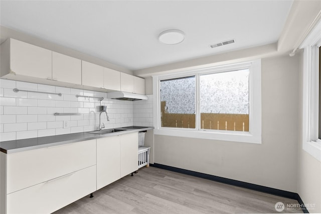 kitchen featuring visible vents, decorative backsplash, light wood-style flooring, white cabinetry, and a sink