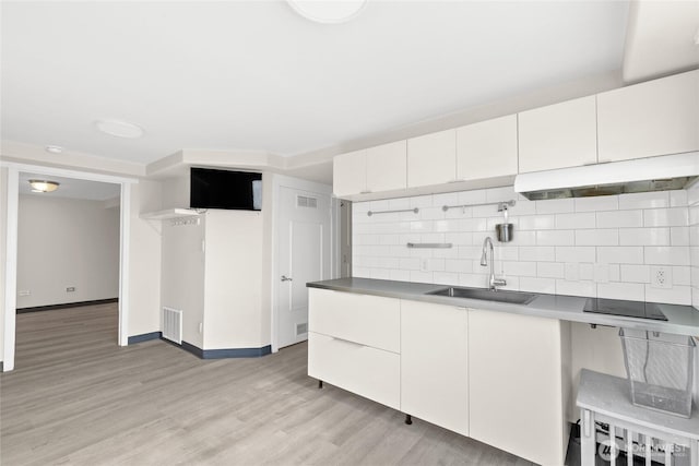 kitchen featuring a sink, visible vents, baseboards, decorative backsplash, and light wood finished floors