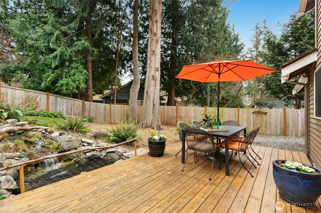 wooden deck featuring outdoor dining space and a fenced backyard