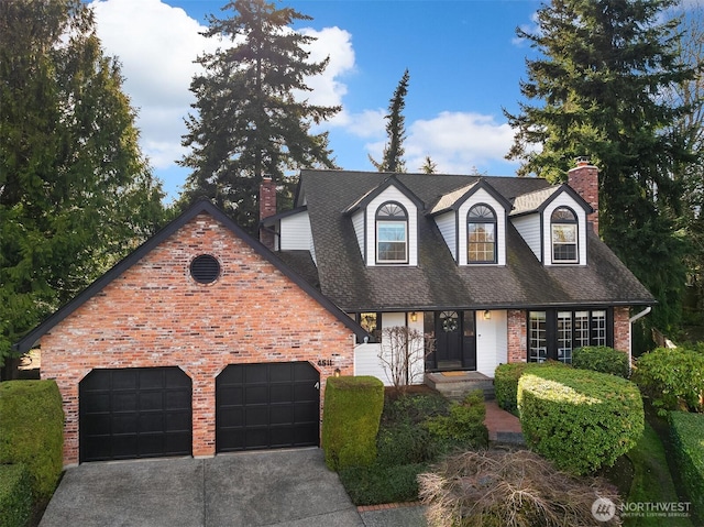 cape cod-style house featuring a garage, concrete driveway, brick siding, and a chimney