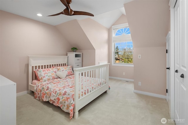 carpeted bedroom featuring a ceiling fan, lofted ceiling, baseboards, and recessed lighting