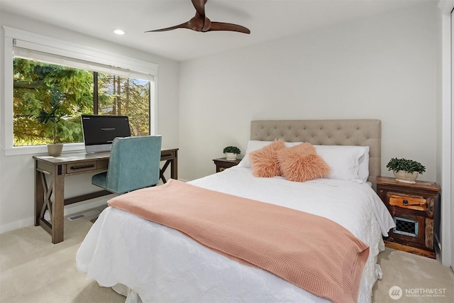 bedroom with light carpet, visible vents, baseboards, ceiling fan, and recessed lighting