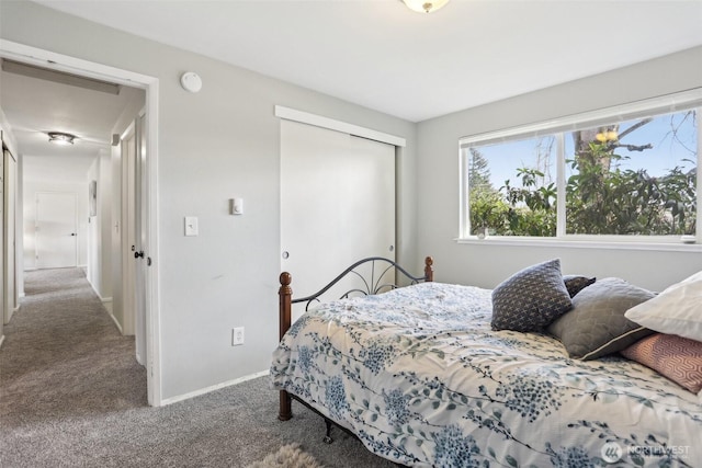 bedroom with carpet floors, baseboards, and a closet