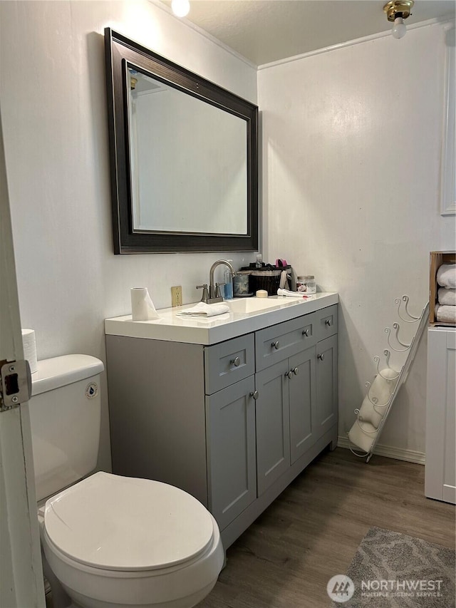 bathroom with toilet, wood finished floors, and vanity