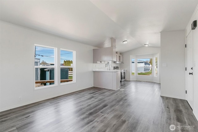 kitchen featuring lofted ceiling, electric range, light countertops, dark wood-type flooring, and open floor plan