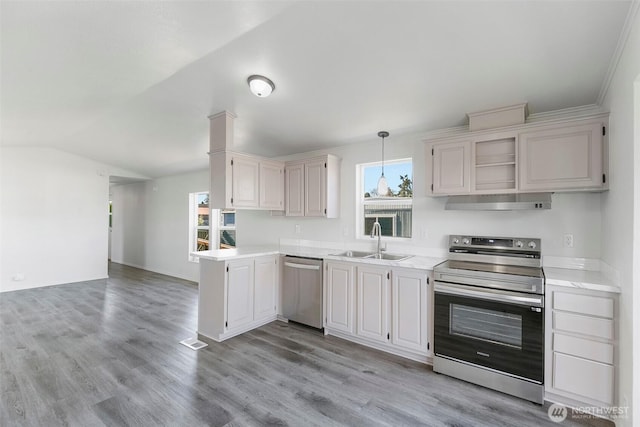 kitchen featuring a sink, stainless steel appliances, plenty of natural light, and light countertops