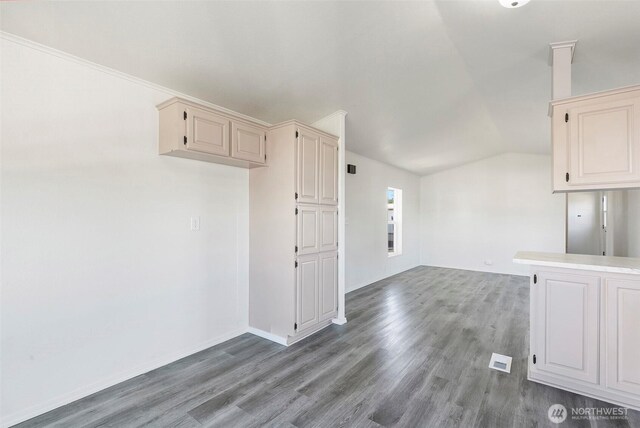 interior space featuring lofted ceiling, wood finished floors, and baseboards