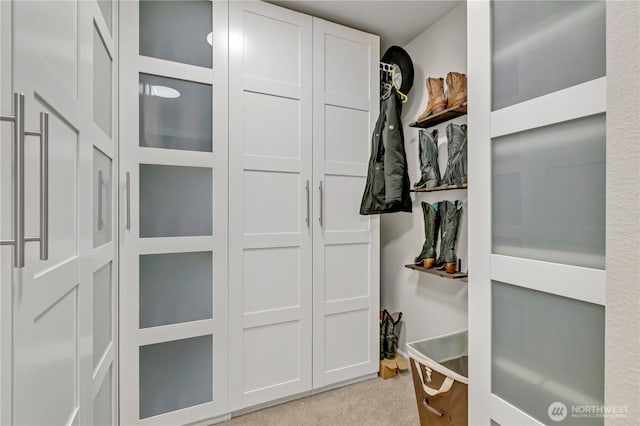 walk in closet featuring light colored carpet