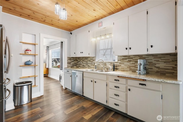 kitchen featuring stainless steel appliances, tasteful backsplash, dark wood-type flooring, white cabinets, and a sink