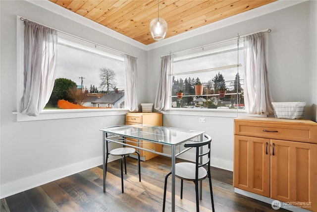 dining space featuring wood ceiling, dark wood finished floors, and baseboards