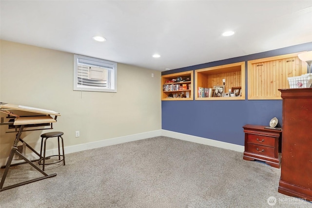 interior space featuring built in features, baseboards, carpet flooring, and recessed lighting