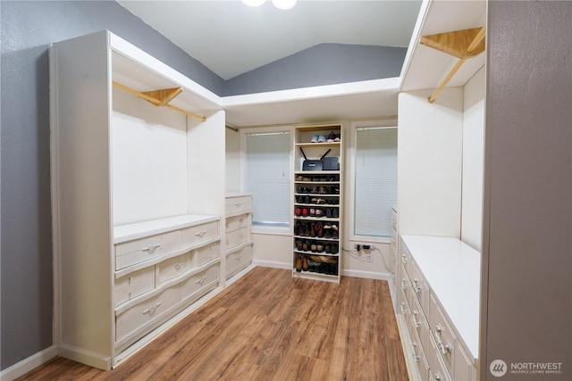 spacious closet featuring vaulted ceiling and wood finished floors