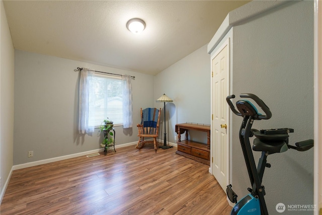 interior space with lofted ceiling, wood finished floors, and baseboards