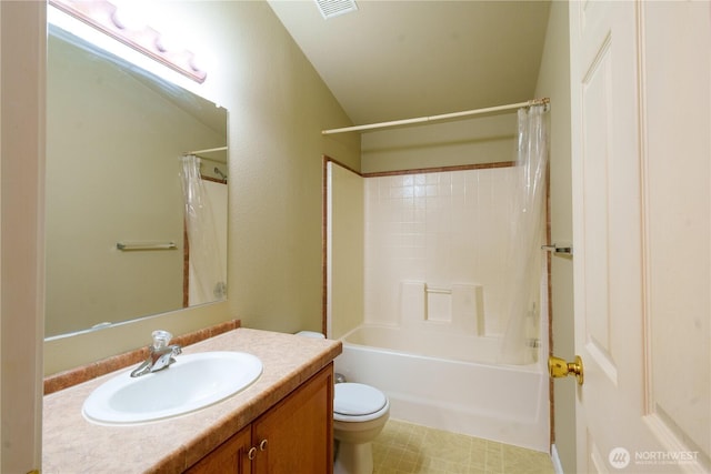 bathroom with toilet, visible vents, shower / bath combination with curtain, and vanity