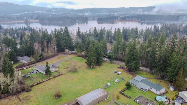 bird's eye view with a water view and a forest view