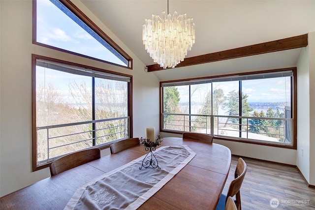 dining room with a chandelier, vaulted ceiling, a wealth of natural light, and wood finished floors